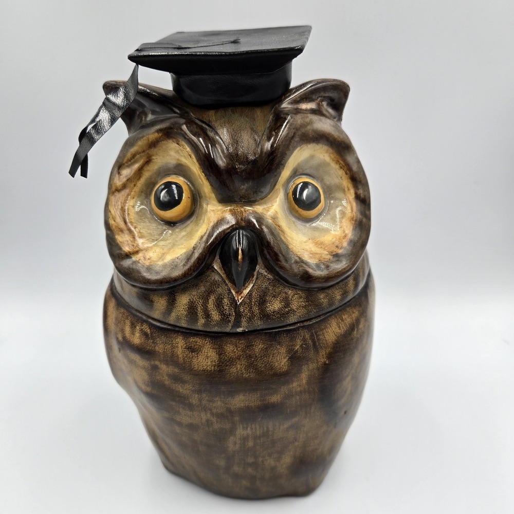 MCM Italian‎ Owl Ceramic Cookie Jar Container Brown Yellow Eyes VTG 60s 9" Retro